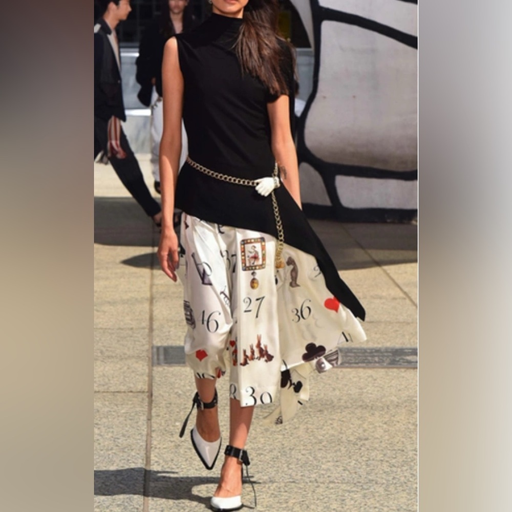 MONSE Asymmetrical Printed Midi Skirt with Chain Accent